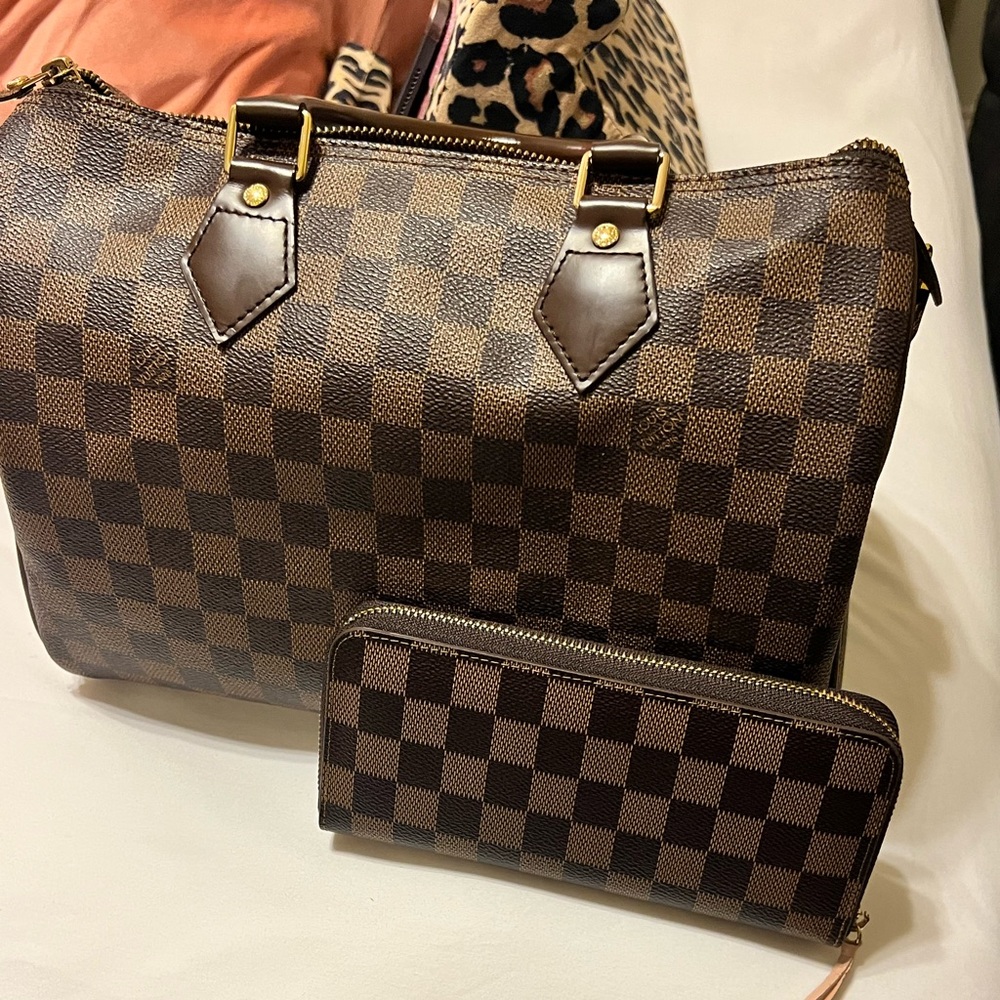 Brown checkered bag W/ wallet.